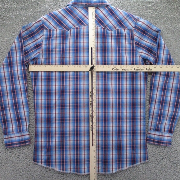 Wrangler Shirt Adult 2XL XXL Pearl Snap Blue Red Tartan Plaid Mens Button Down - Picture 8 of 13